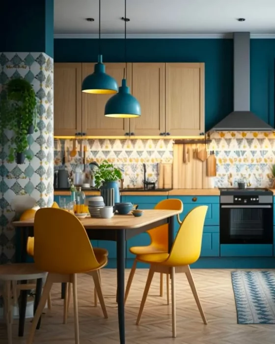 deco salle a manger cuisine bleu canard jaune