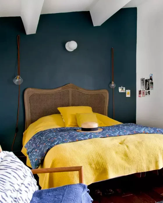 deco chambre bleu canard jaune campagne