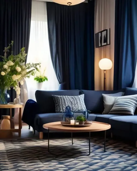 deco salon rideaux bleu nuit
