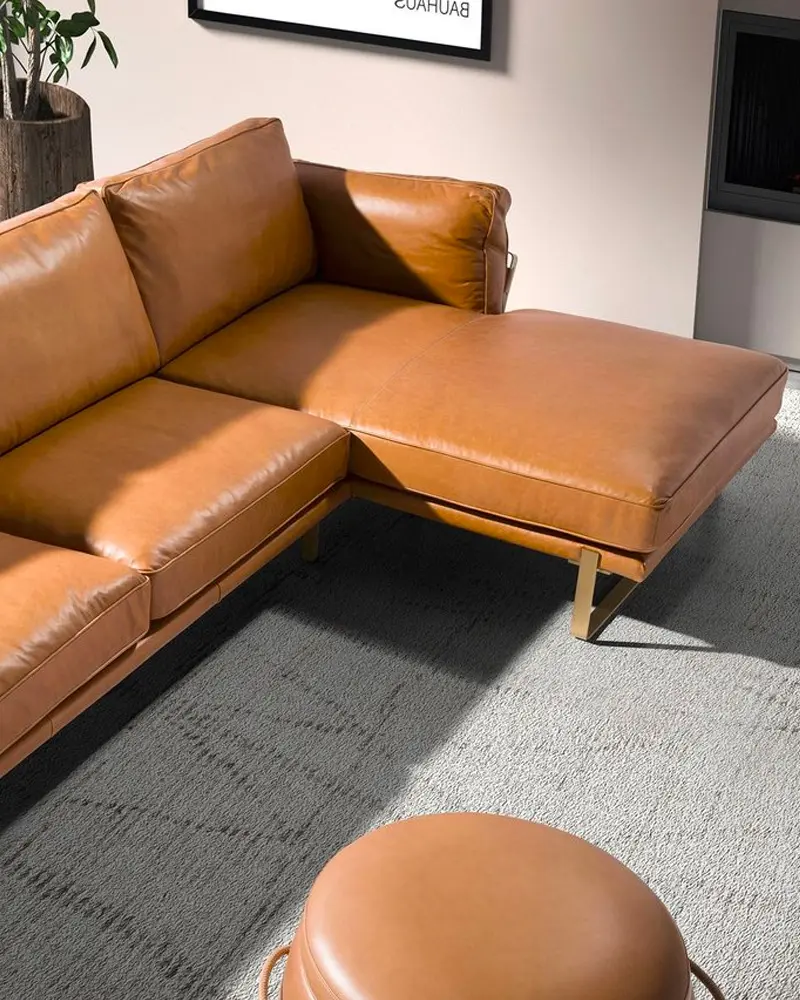 canape cuir angle marron metal dore