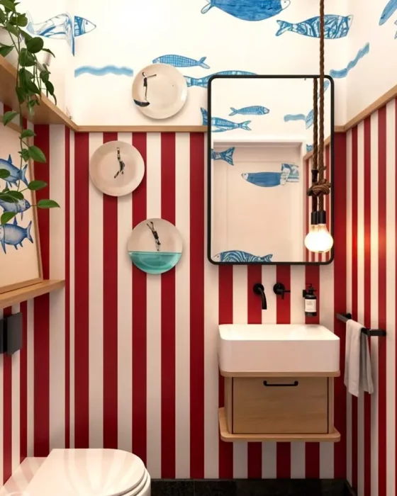 papier peint raye rouge blanc deco toilettes wc