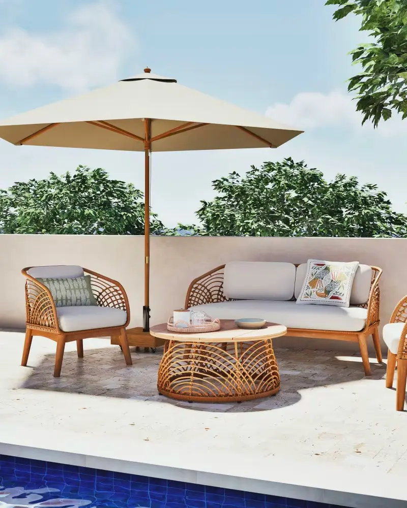 salon jardin bois rotin