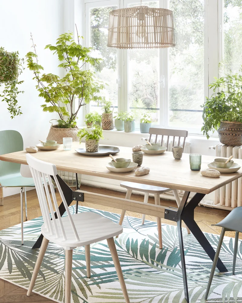 deco salle a manger blanc vert bois