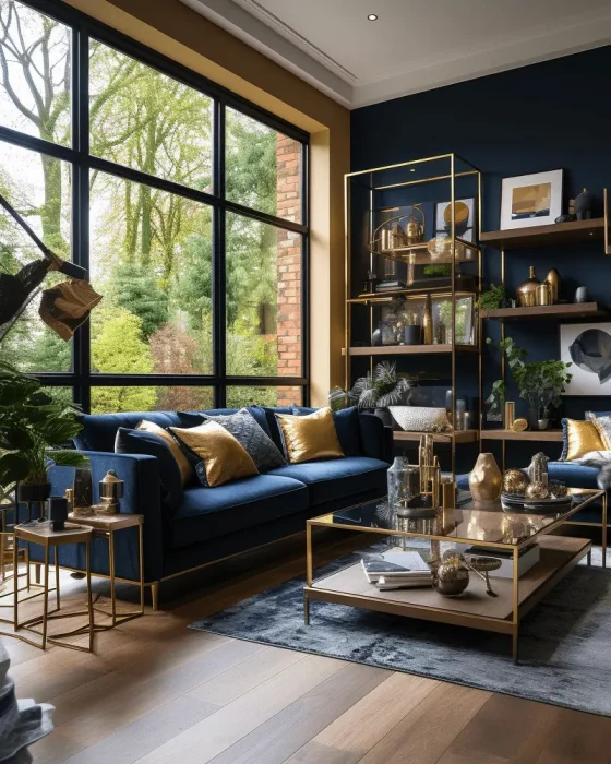 deco salon moderne chic bleu nuit dore