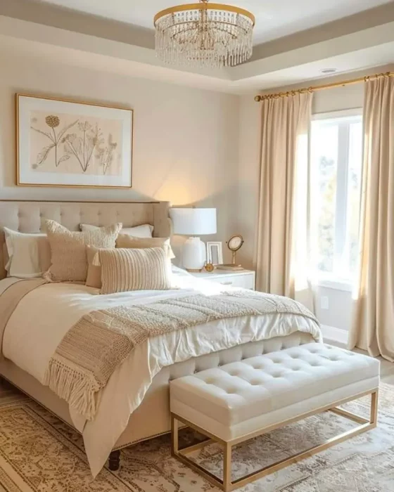 deco chambre chic blanc beige dore