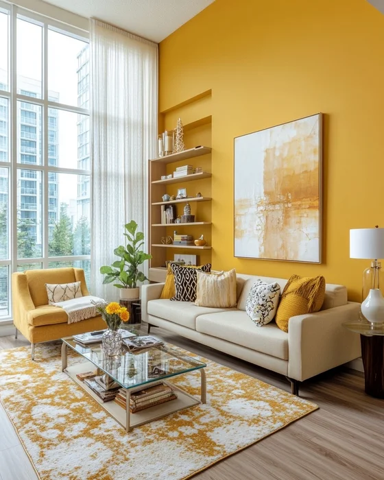 deco salon moderne blanc jaune