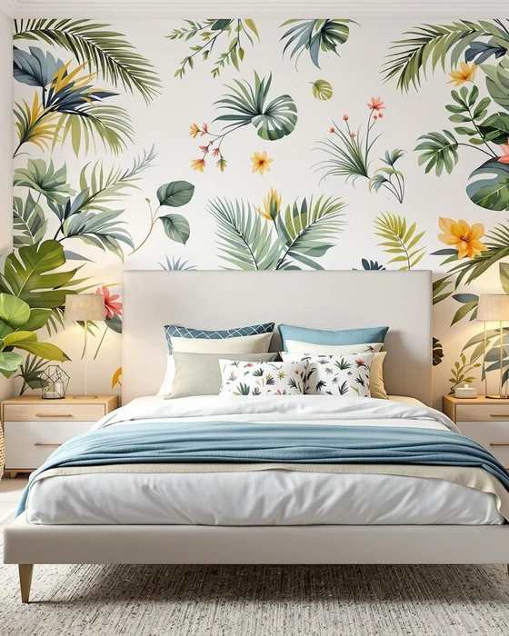 deco chambre scandinave tropicale vert blanc