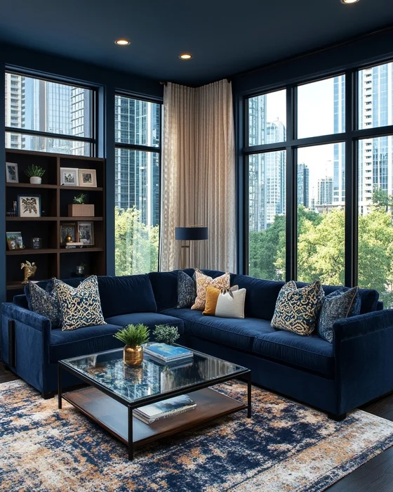 deco salon bleu nuit jaune