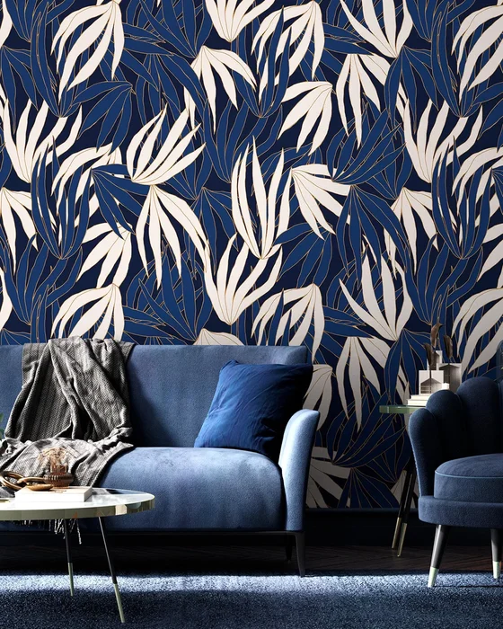 papier peint bleu nuit beige deco salon