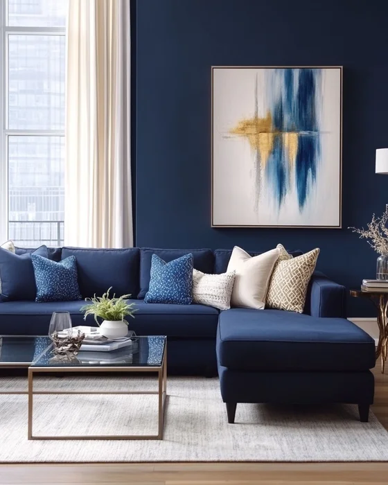deco salon moderne bleu nuit jaune