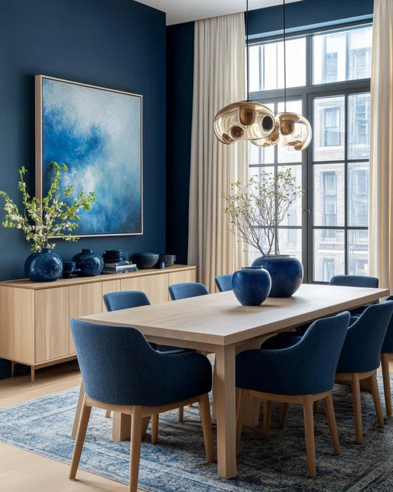 deco salle a manger chic bleu nuit beige