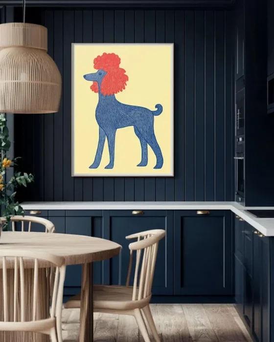 deco salle a manger bleu nuit jaune bois