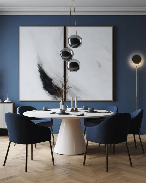 deco salle a manger moderne bleu nuit beige