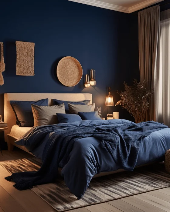 deco chambre nature bleu nuit beige