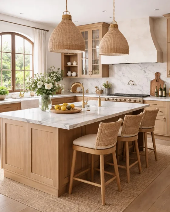 deco cuisine campagne chic ilot central marbre bois