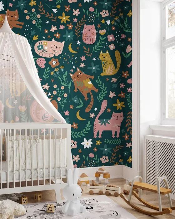 deco chambre bebe papier peint chat
