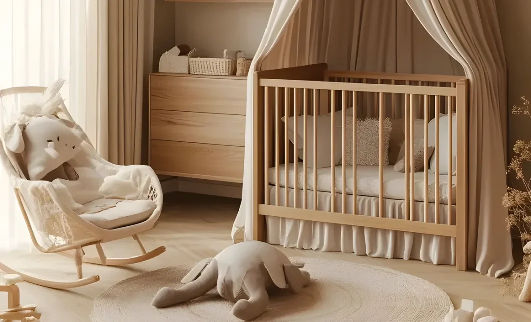 Chambre de bébé zen dans les tons beige avec lit à baldaquin en bois, fauteuil à bascule et tapis rond en jute
