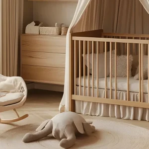 Chambre de bébé zen dans les tons beige avec lit à baldaquin en bois, fauteuil à bascule et tapis rond en jute