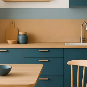 Cuisine bleu canard avec crédence en liège, plan de travail en bois et table en bois clair
