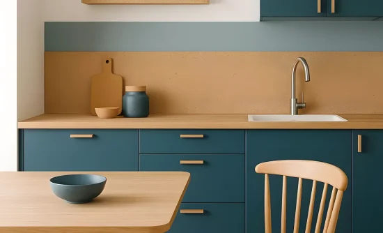 Cuisine bleu canard avec crédence en liège, plan de travail en bois et table en bois clair