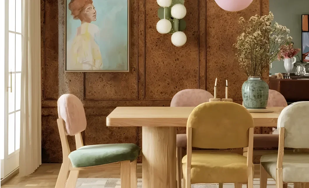 Salle à manger avec murs habillés de panneaux de liège, table en bois clair et chaises colorées en velours