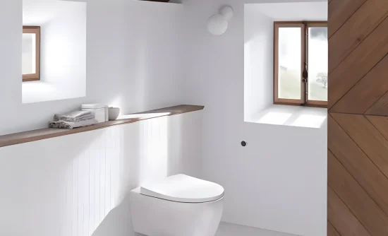 Toilettes sous pente blanches avec plafond en lattes de bois, WC suspendu et étagère en bois