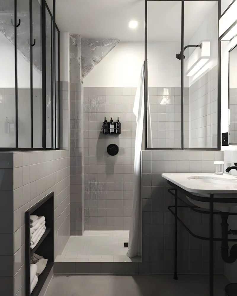 Salle de bain grise avec douche à l'italienne fermée par une paroi verrière noire et vasque sur pied