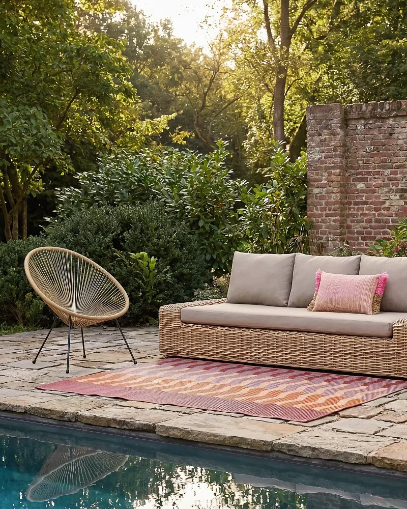 Fauteuil de jardin rond façon Acapulco en résine imitation rotin au bord d'une piscine