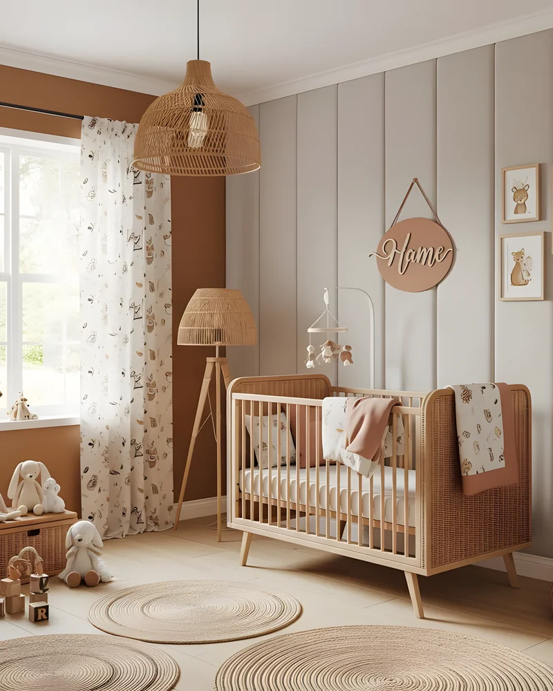 Chambre de bébé nature avec lit en bois, lambris gris clair, suspension en rotin et tapis en jute