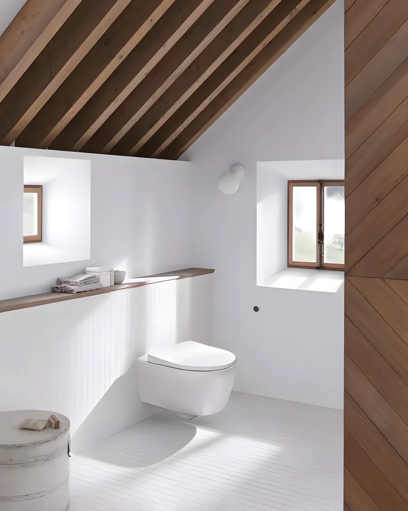 Toilettes sous pente avec plafond en bois, murs blancs, WC suspendu et petite fenêtre