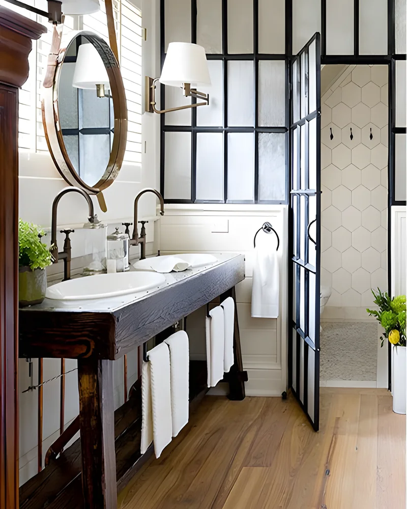 Salle de bain avec paroi de douche verrière noire, meuble vasque en bois et miroir rond en laiton