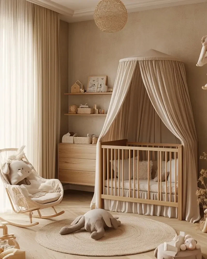Chambre de bébé beige avec ciel de lit en voile, étagères en bois, fauteuil à bascule et peluches