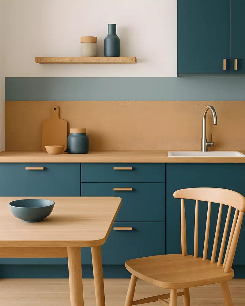 Cuisine bleu canard avec crédence en liège, étagère en bois et chaise en bois clair