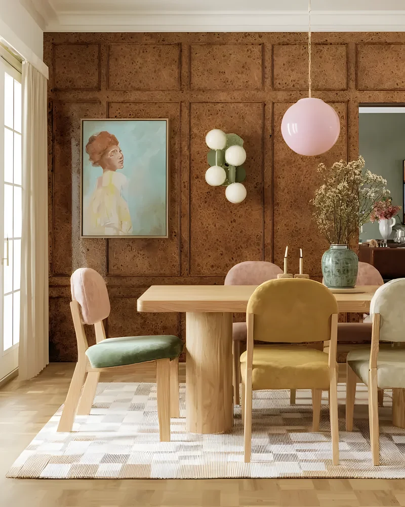 Salle à manger colorée avec mur en panneaux de liège, suspension rose et chaises pastel