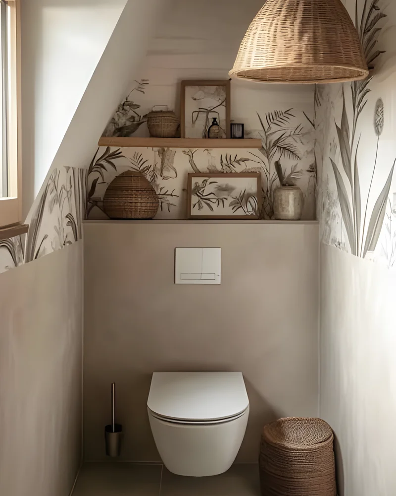Toilettes sous pente avec papier peint feuillage, étagère en bois, suspension en osier et panier