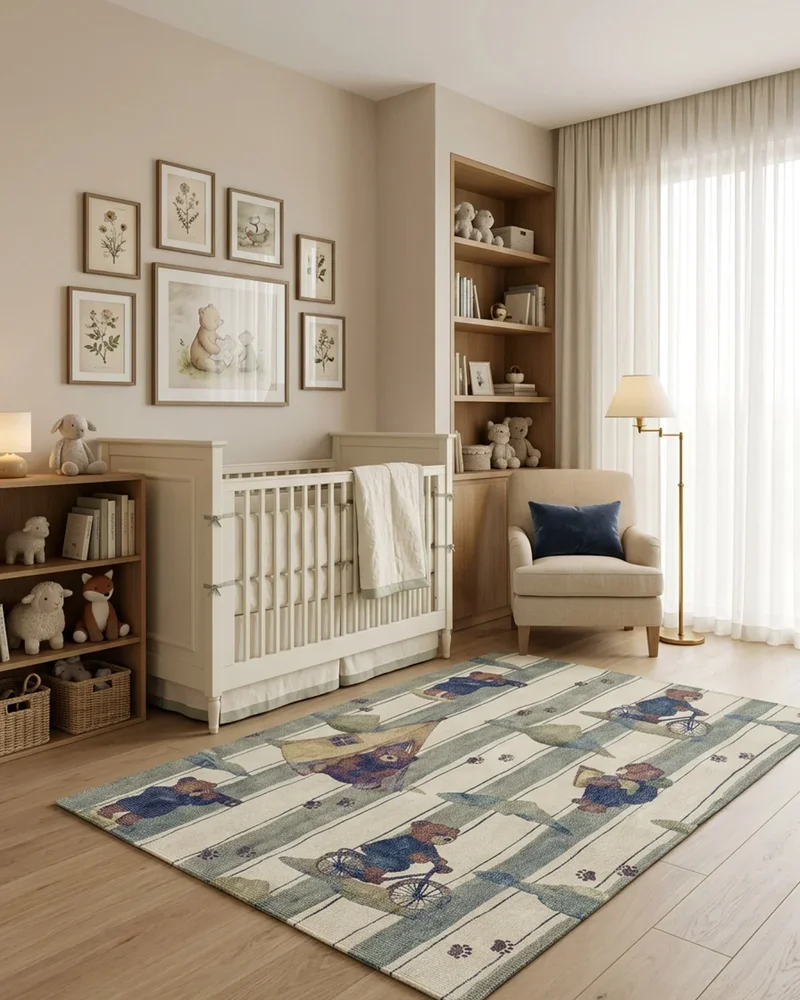 Chambre de bébé classique avec tapis à motif ours, lit blanc, fauteuil crème et cadres au mur