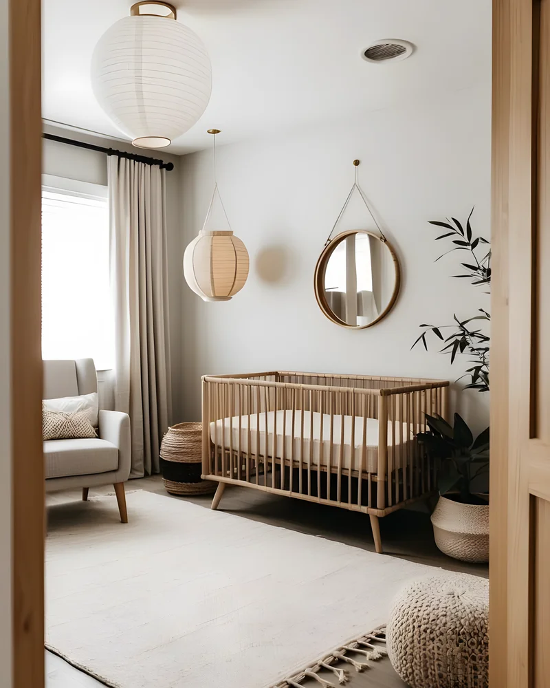 Chambre de bébé minimaliste avec lit en bois, miroir rond, suspensions en papier et plantes vertes