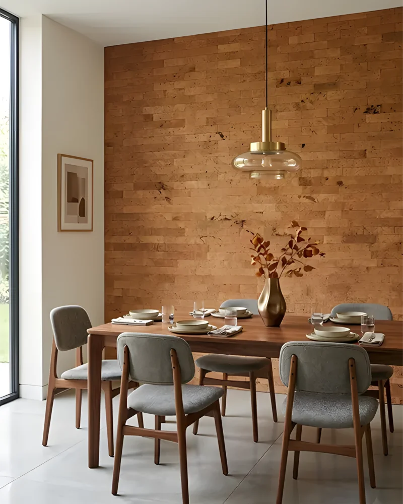 Salle à manger rétro avec mur en briquettes de liège, table en bois et chaises grises