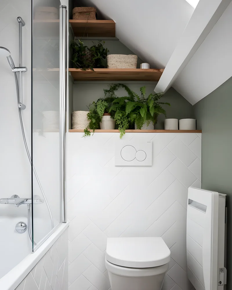 Toilettes sous pente avec étagères en bois, plantes vertes, mur vert sauge et WC suspendu