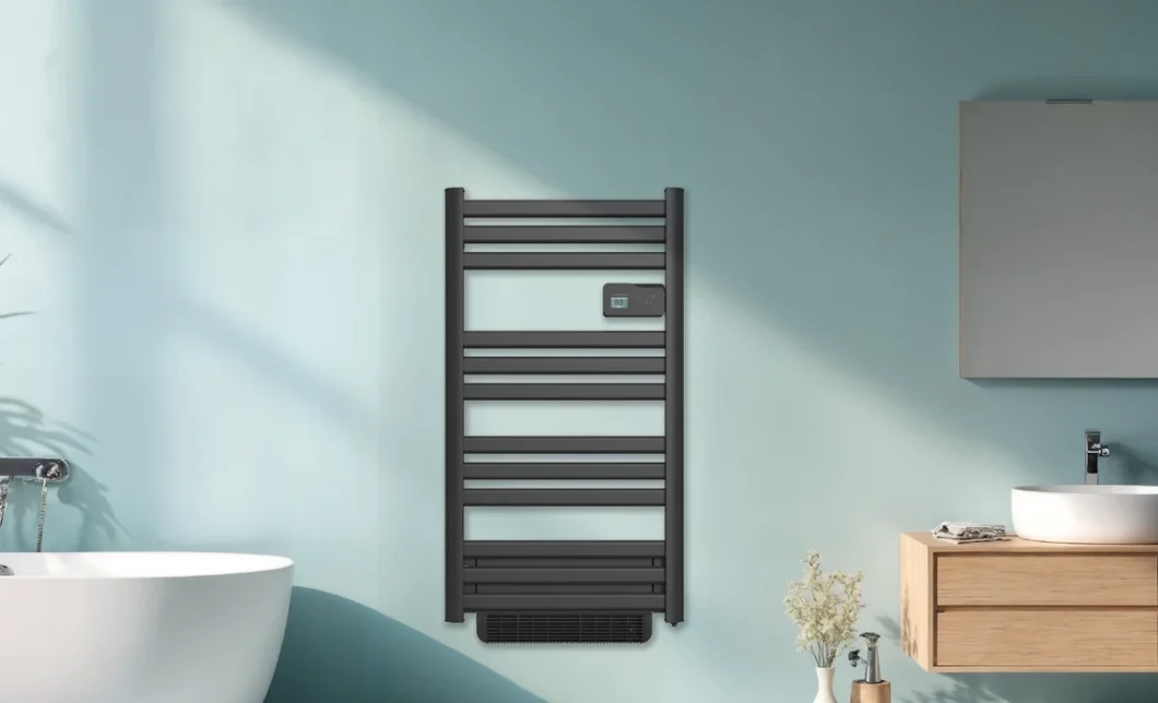 Sèche-serviettes design noir à soufflerie dans une salle de bain bleu clair avec baignoire îlot