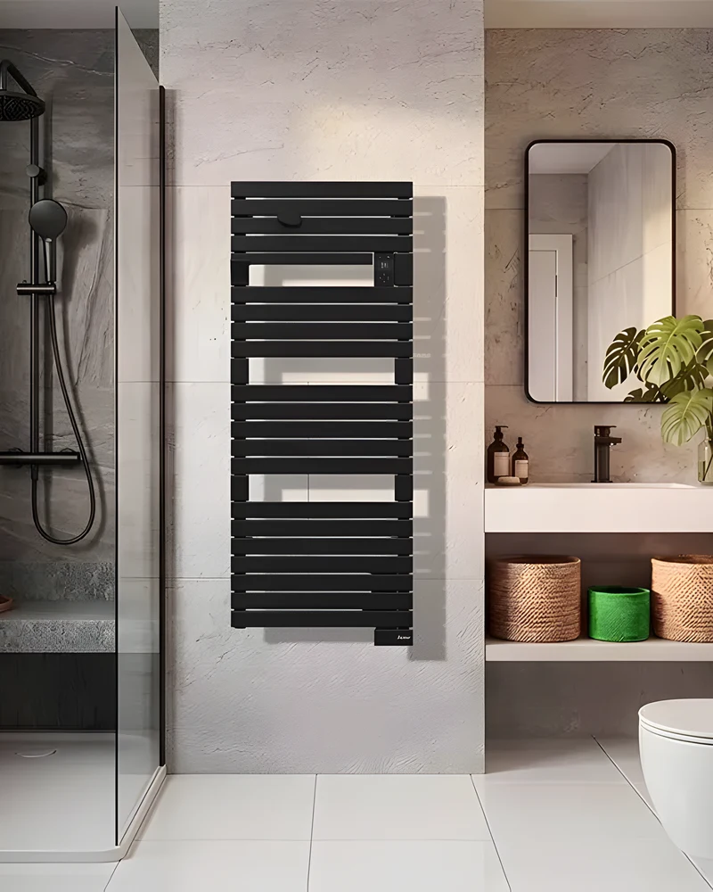 Sèche-serviettes Sauter Asama II anthracite à côté d'une douche italienne et d'un miroir noir