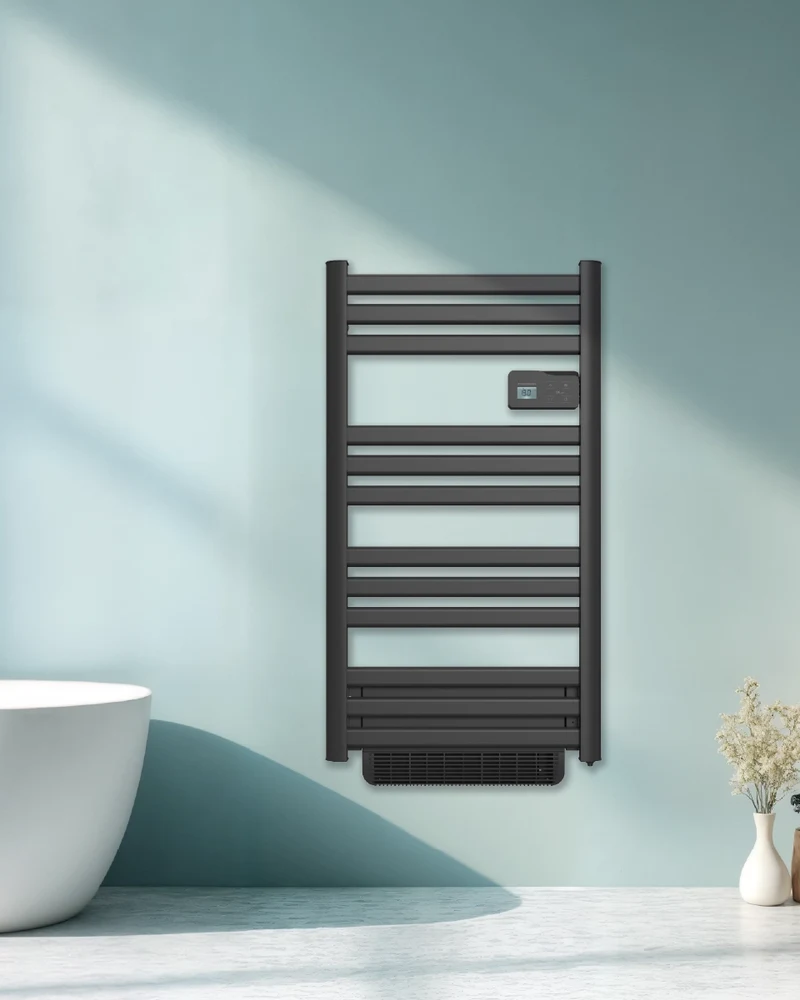 Sèche-serviettes Thomson Cosmo noir sur un mur bleu clair près d'une baignoire